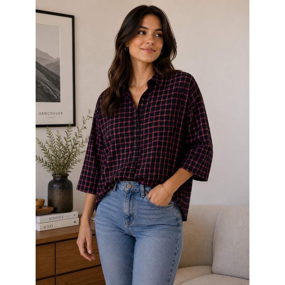 Madewell Flannel Cotton Shirt Women Small Black Pink Plaid Boxy Oversized Casual
